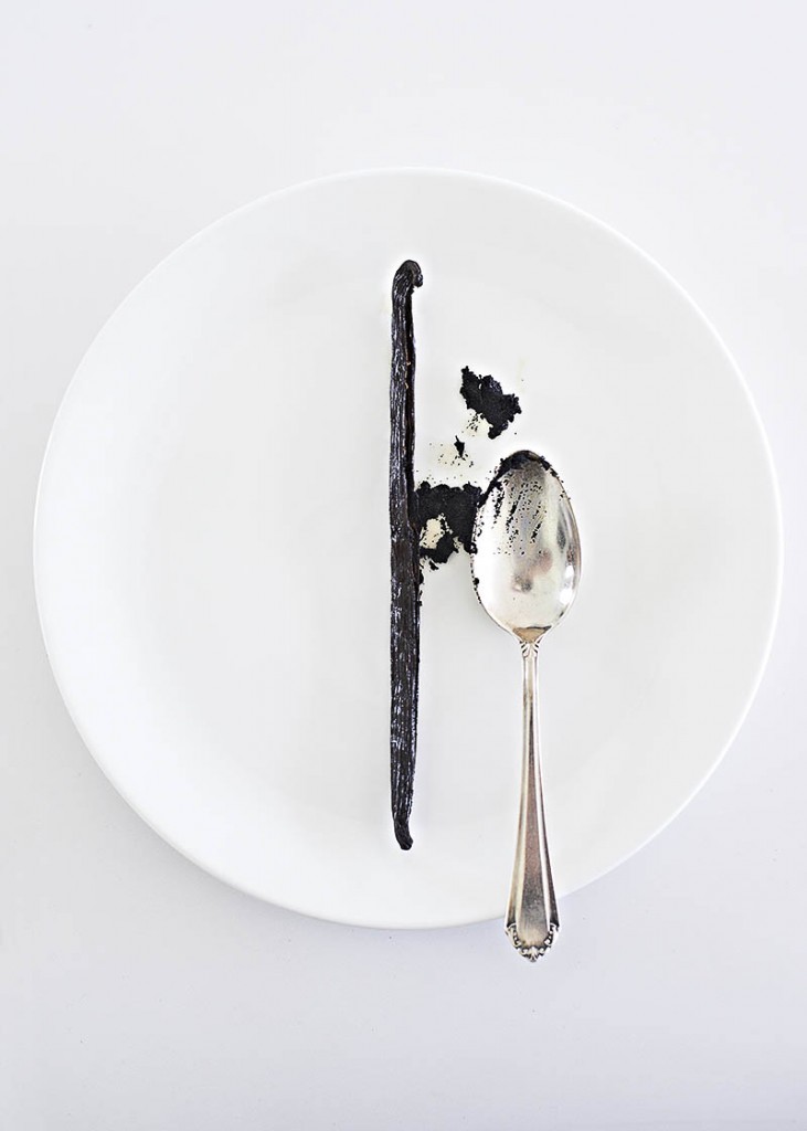 Moderne und minimalistische Food-Fotografie einer ausgekratzten Vanille-Schote auf weißem Teller mit Silberlöffel und viel Freiraum